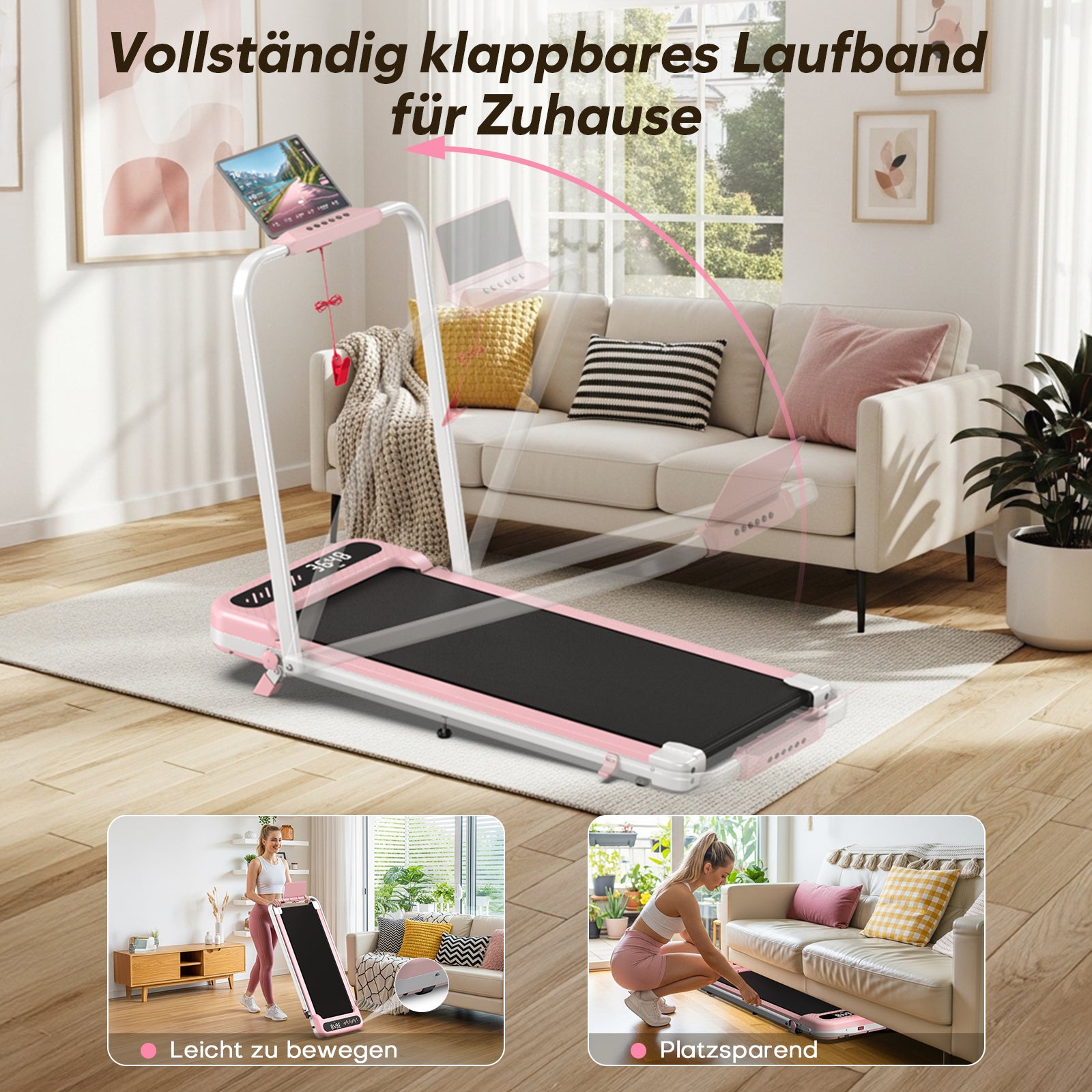 TM037 Klappbares Walking Pad Laufband mit Steigung – Rosa