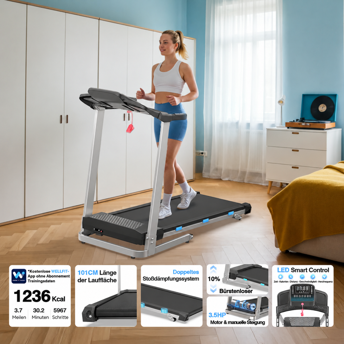 TM015 Laufband mit Bosch® Motor, klappbar, mit Steigung & Haltegriffen – bis 180 kg belastbar