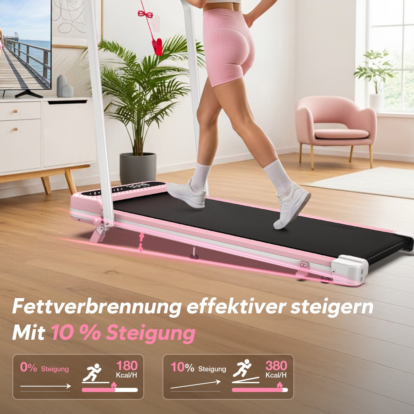 TM037 Pink Walking Pad faltbares Laufband mit 10% Steigung, verbrennt 380 Kcal/H statt 180 Kcal/H – effektives Fettverbrennen für Frauen zu Hause