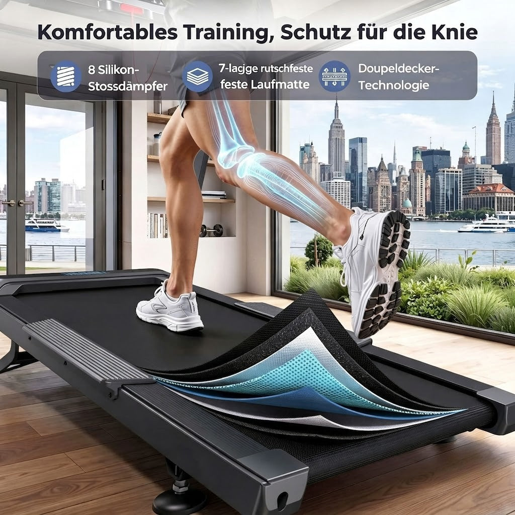 TM029 Pro Heavy Duty Laufband schützt Knie mit 8 Silikon Dämpfern 7 Schichten Anti-Rutsch-Laufband und Doppeldeck-Technologie für komfortables gelenkschonendes Training.