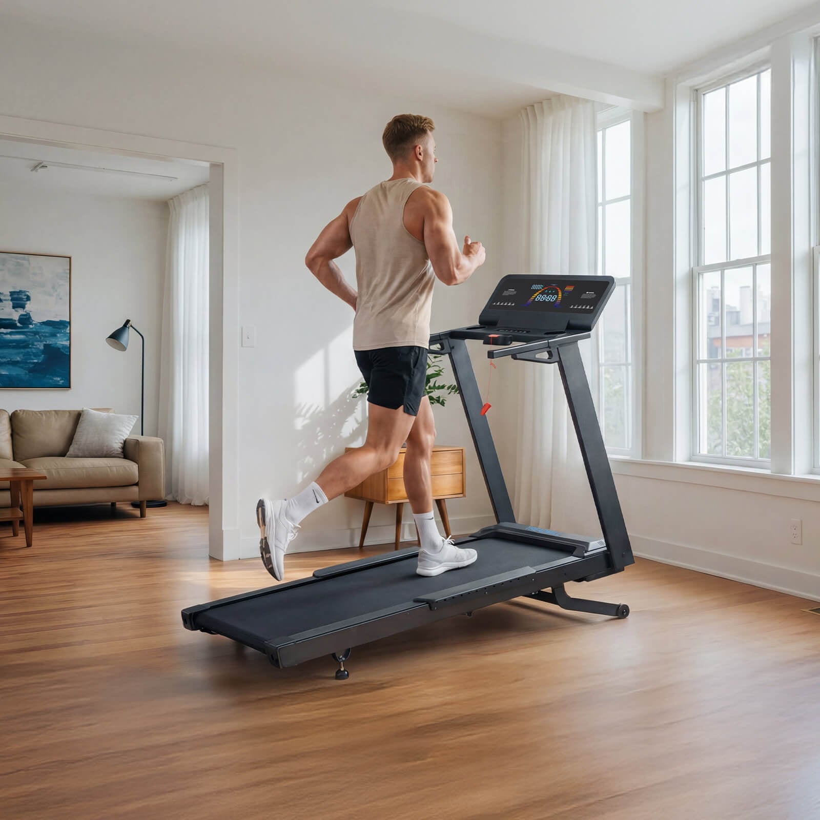 TM029 Pro Heavy Duty Laufband mit 15% Automatik-Neigung und 227kg Traglast ermöglicht kraftvolles Laufen in sonnigen Wohnräumen — konzipiert für ernsthaftes Training zu Hause.