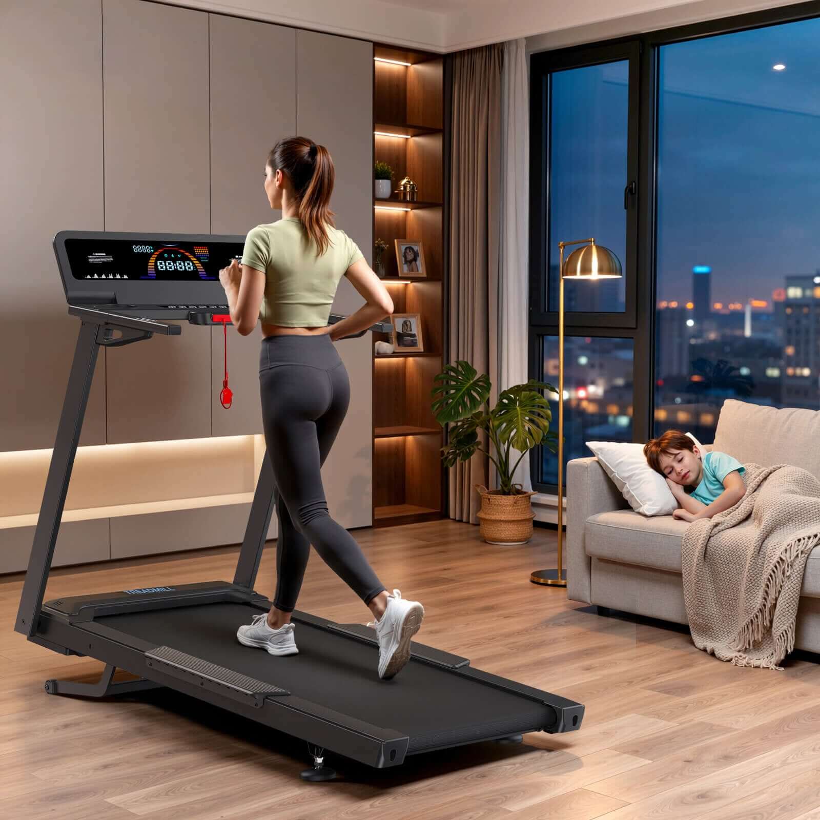 TM029 Pro Heavy Duty Laufband läuft flüsterleise sodass Sie spätabends trainieren können während das Kind friedlich auf dem Sofa schläft.
