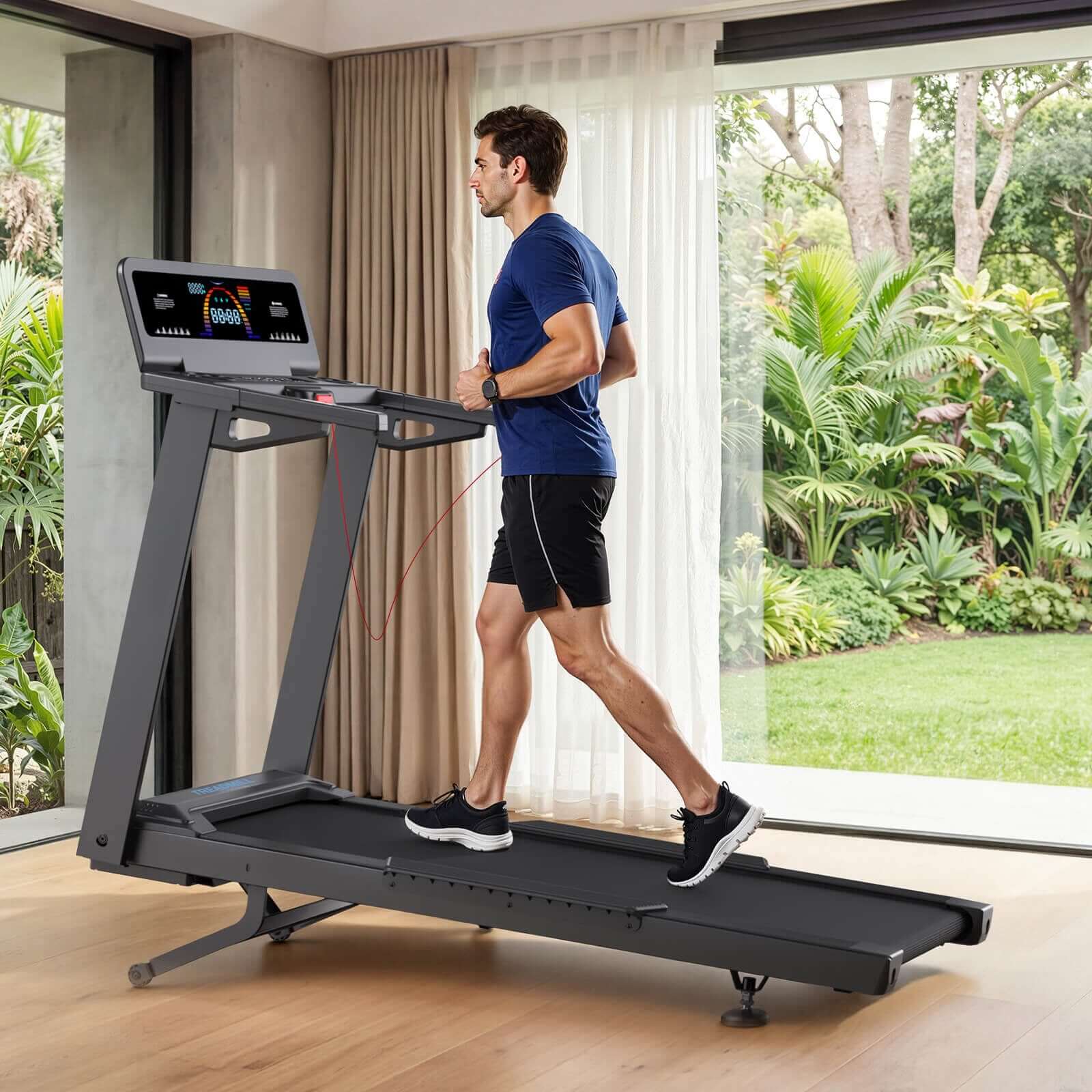 TM029 Pro Heavy Duty Laufband mit 15% Automatik-Neigung und 227kg Traglast ermöglicht ruhiges Joggen in hellen, modernen Wohnungen — ideal für tägliche Cardio-Routinen.