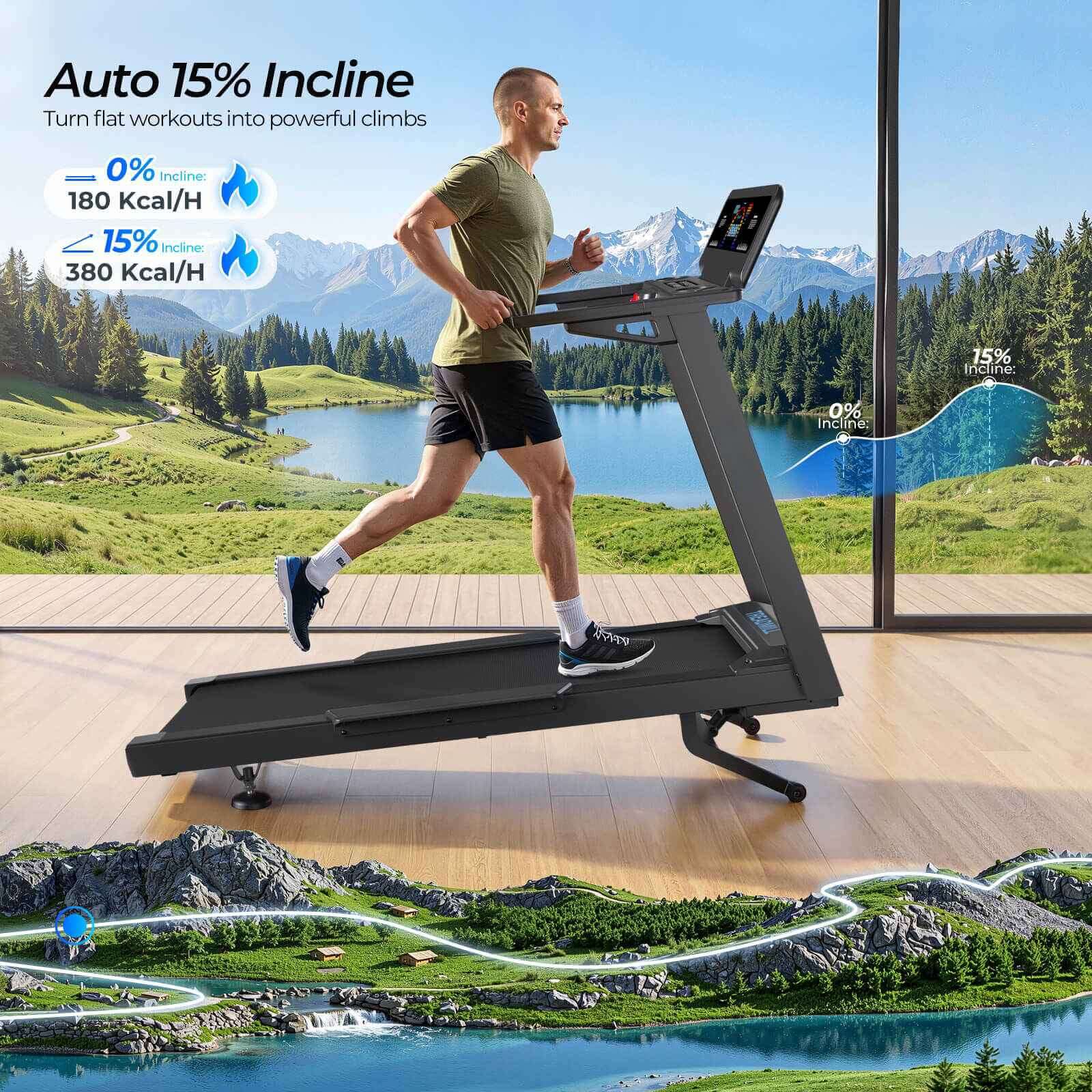 TM029 Pro Heavy Duty Laufband: 15% Auto-Incline + immersive Bergsee-Szene für Kraftanstiege, verbrennt 380 Kcal/H beim Training zu Hause.
