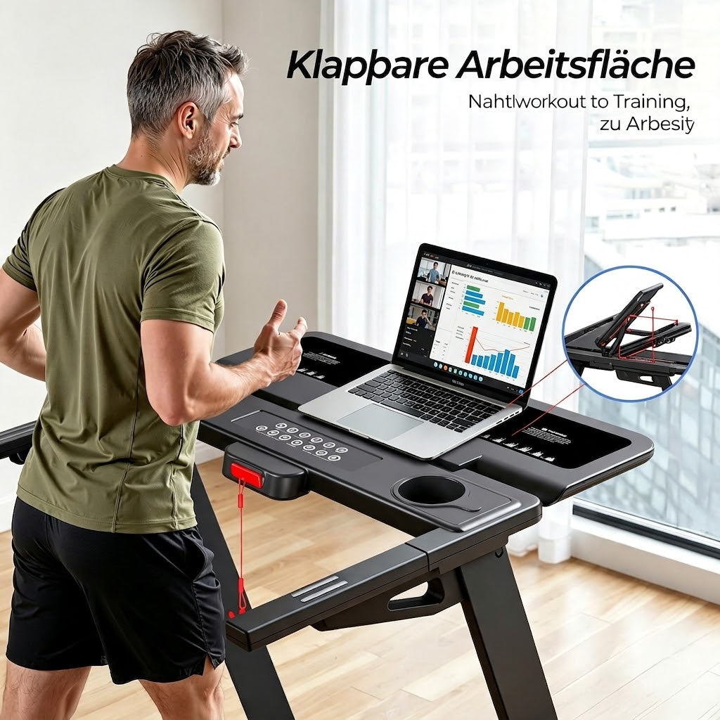 TM029 Pro Heavy Duty Laufband mit klappbarem Display schafft eine ebene Arbeitsfläche für Laptops ideal für Walking Meetings oder produktives Homeoffice Multitasking.