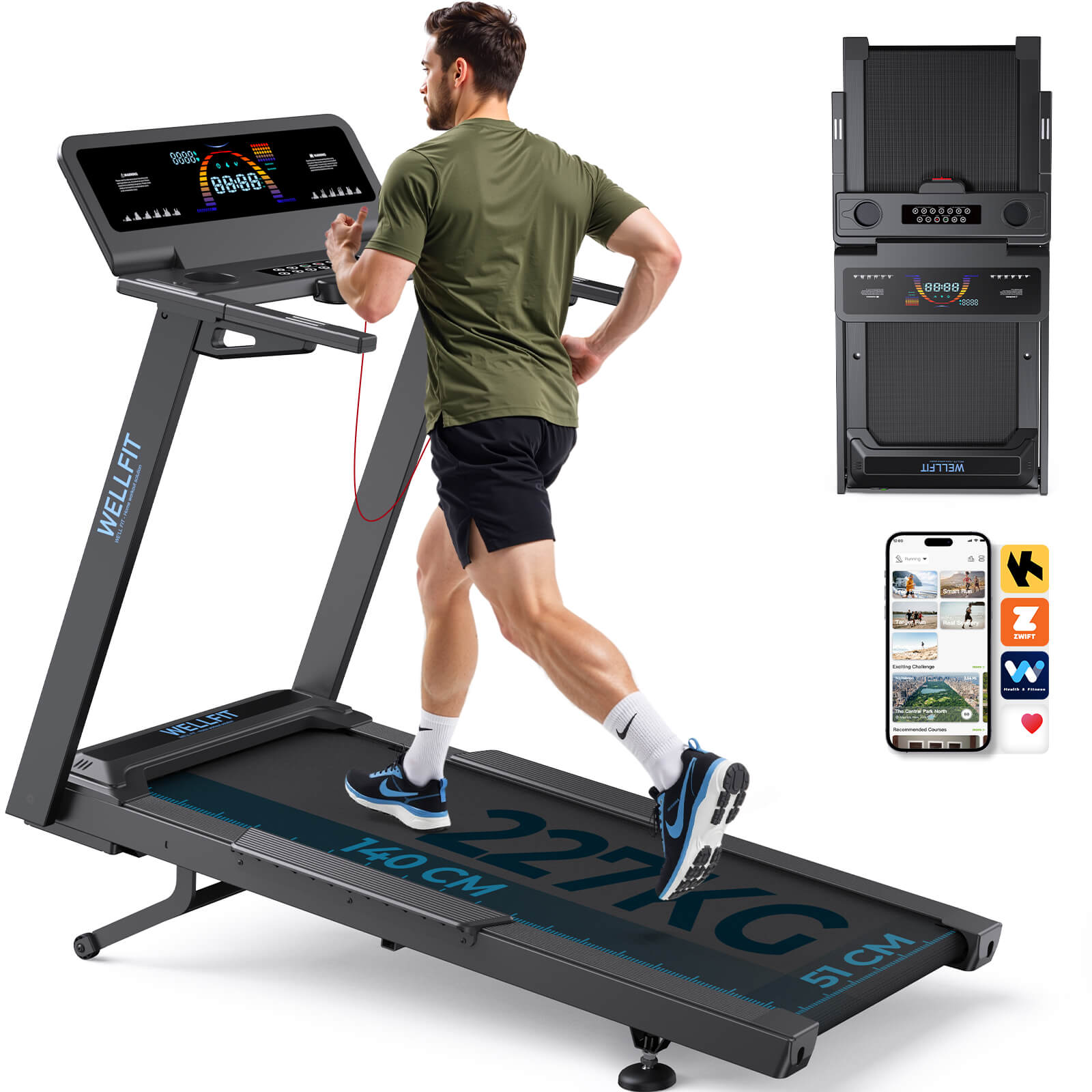 TM029 Pro Heavy Duty Laufband mit 227kg Traglast & 140x51cm Laufdeck – ideal für intensive Trainings, platzsparend klappbar und mit smarter App-Verbindung.