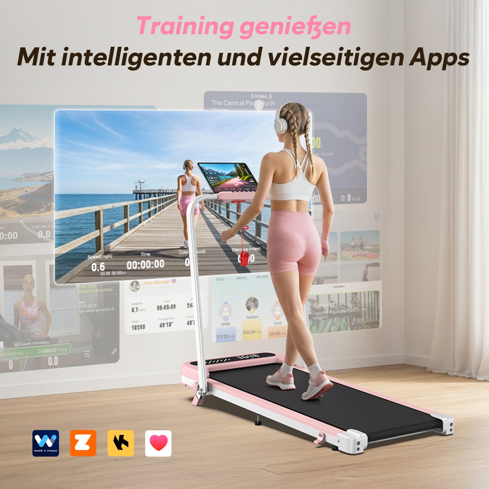 TM037 Klappbares Walking Pad Laufband mit Steigung – Rosa