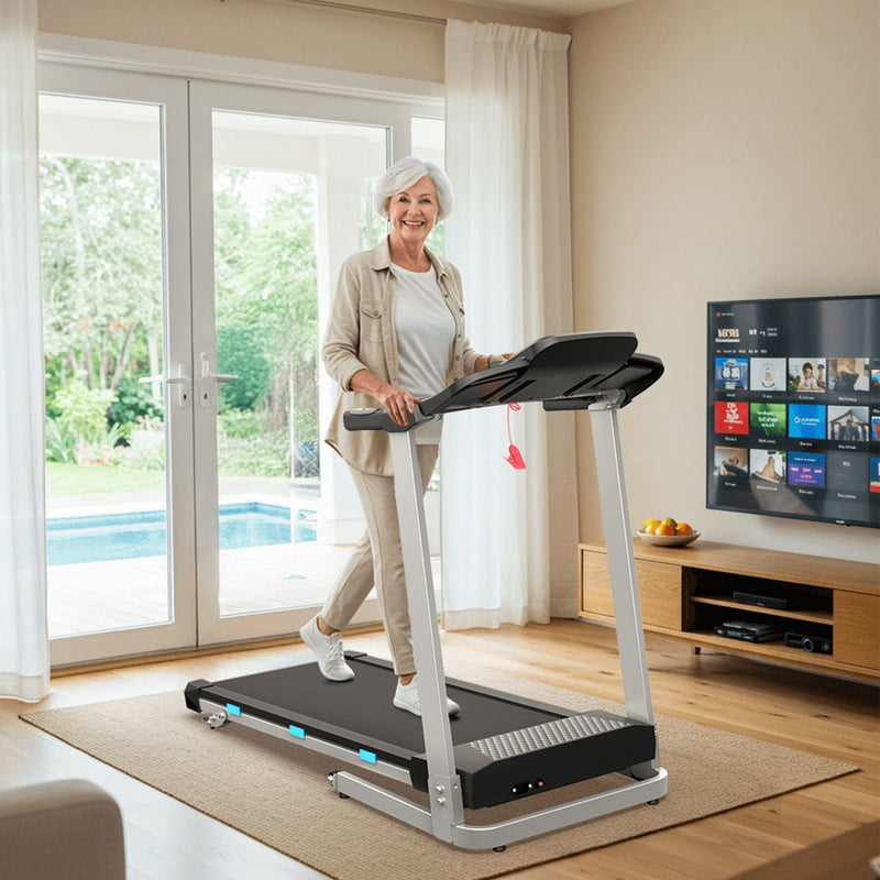 TM015 faltbares Laufband mit Seitengeländern und 180kg Traglast, ideal zum sicheren, gelenkschonenden Gehen in hellen Wohnräumen.