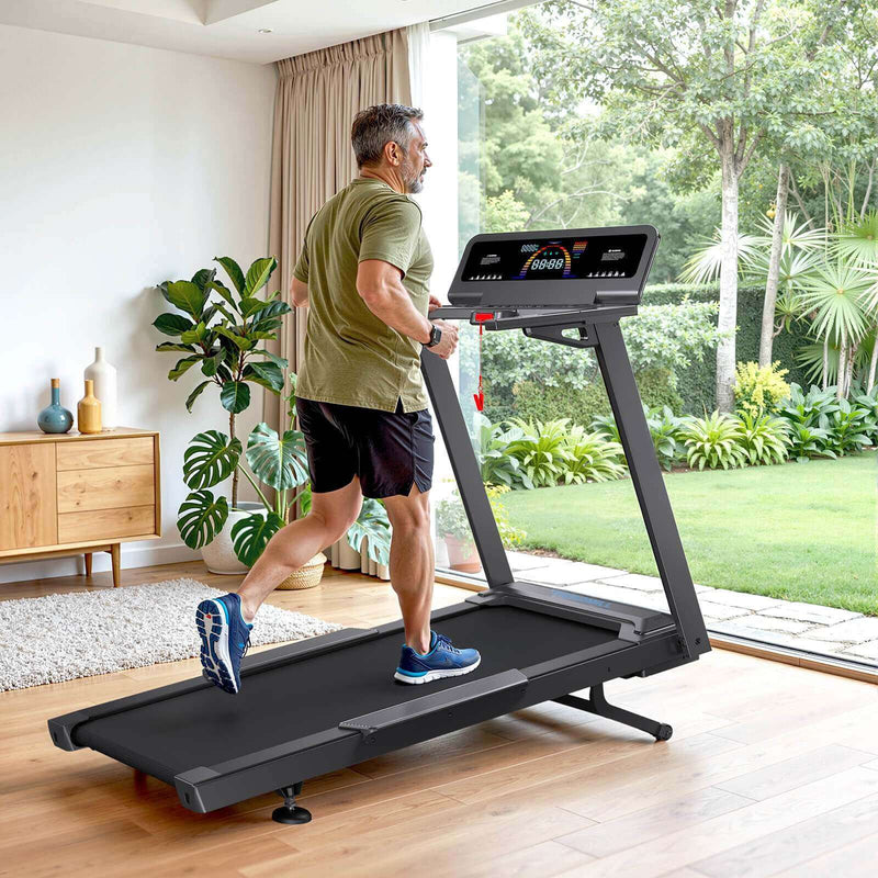 TM029 Pro Heavy Duty Laufband mit 15% Automatik-Steigung, 140×51cm Laufdeck, 227kg Tragkraft — kraftvoll, ruhiger Indoor-Lauf mit großem Display, ideal für Heimfitness und Aussicht auf Natur.