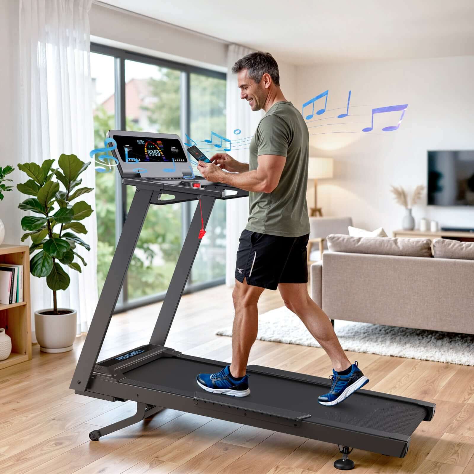 TM029 Pro Heavy Duty Laufband bietet Unterhaltung beim Heimtraining mit Musikstreaming und einfacher Smartphone Steuerung für ein angenehmes Walking Erlebnis im Wohnzimmer.