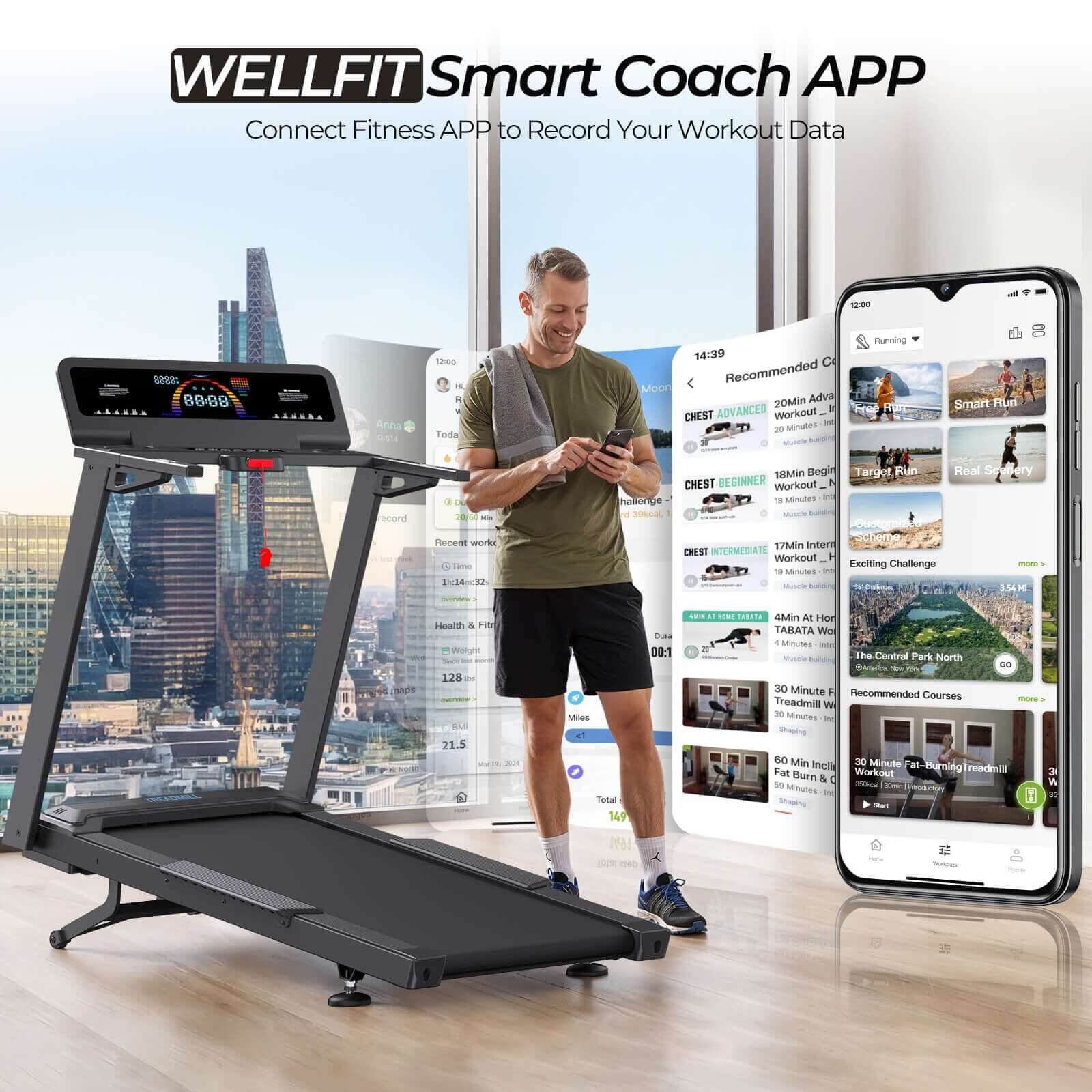 TM029 Pro Heavy Duty Laufband verbindet sich mit der WELLFIT Smart Coach APP zur Datenerfassung und nutzt geführte Trainingskurse auf deinem Handy.