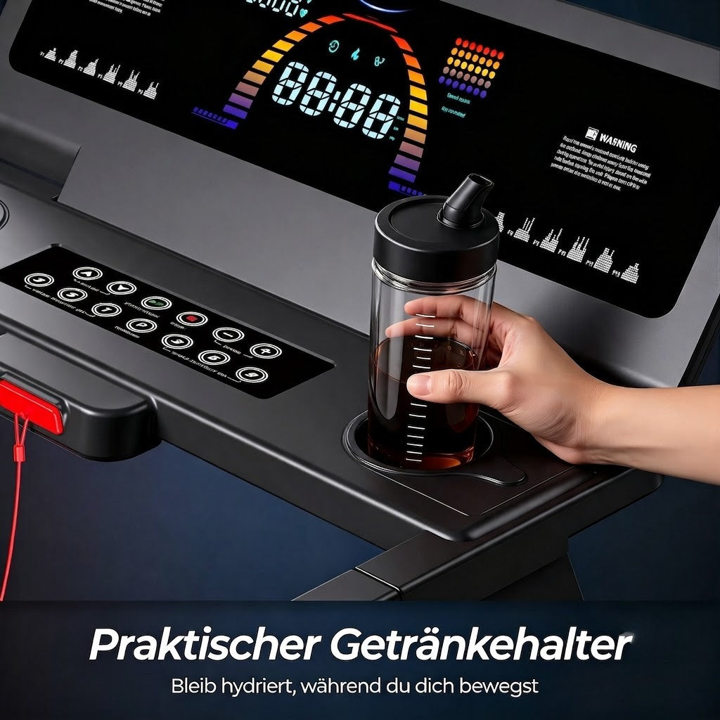 TM029 Pro Heavy Duty Laufband verfügt über einen praktischen Getränkehalter, der Ihre Wasserflasche sicher hält, damit Sie hydriert bleiben, ohne Ihr Training unterbrechen zu müssen.